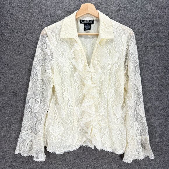 Dialogue Shirt Women M Medium Beige Floral Crochet Collared Ruffle Lined Casual - Picture 1 of 6